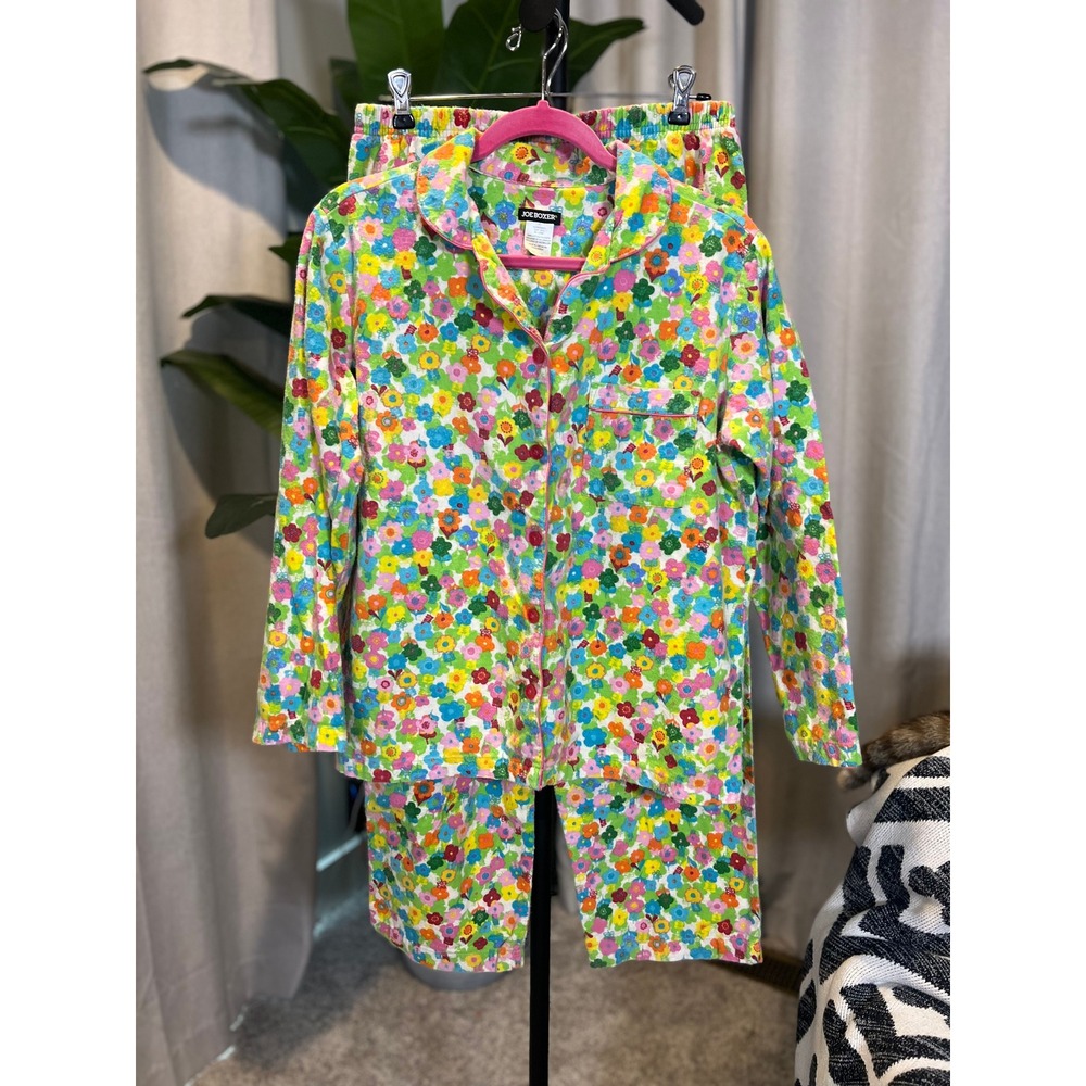 Joe Boxer Womens Floral Flannel Pajama Set Multicolor Button Front Long Sleeve L